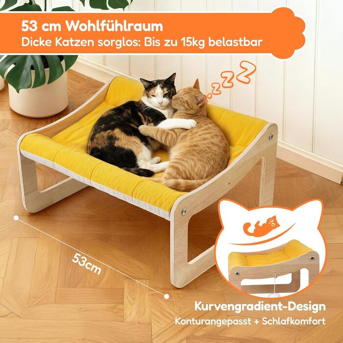 BSWAY Підвищене ліжко-софа для котів з дерева, сонячно-жовтий колір, 53x40 см, стильний котячий стільчик з знімним чохлом для матраца, до 15 кг