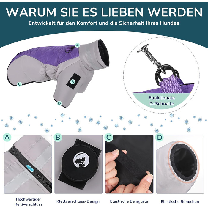 Водонепроникний дощовик для собак середніх та великих порід від ALLSOPETS, тепла зимова куртка з світловідбиваючими смугами, вбудованим повідком, вітрозахисний, для холодної погоди (Королівський фіолетовий, 4XL)