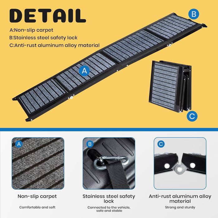 Рампа для собак преміум-класу, портативна, для великих собак, антиковзка поверхня, складана, легка, до 113 кг, для автомобілів та SUV
