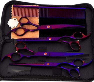 Набір ножиць для догляду за собаками, 7 дюймів, професійний триммер для тварин, леза з нержавіючої сталі, вигнуті ножиці, ножиці для розрідження, гребінець для грумінгу собак та котів, 5 шт. (фіолетовий)