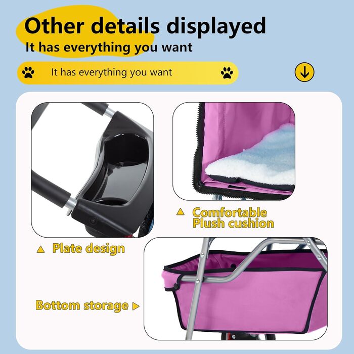 Візок для собак FDW, складаний, для котів та собак, з обертовими колесами на 360°, з кошиком для зберігання, подушкою та сітковими віконцями, утримувачем для напоїв, до 15 кг, рожевий