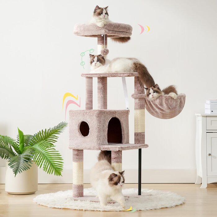 Котячий будиночок Heybly Kratzbaum HCT200SW: зручний когтетоп з будиночком, стійка конструкція 125 см (коричнево-бежевий)