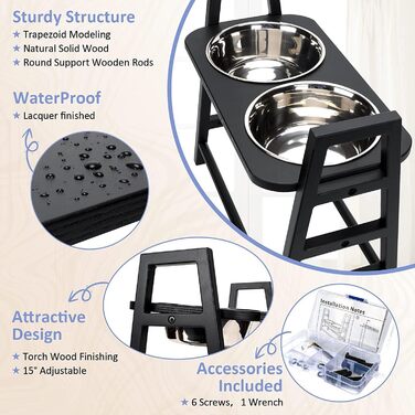 Підставка для годівлі собак з регулюванням висоти, дерев'яна, з двома мисками з нержавіючої сталі, нахил 15°, регулювання по висоті в 3 положеннях