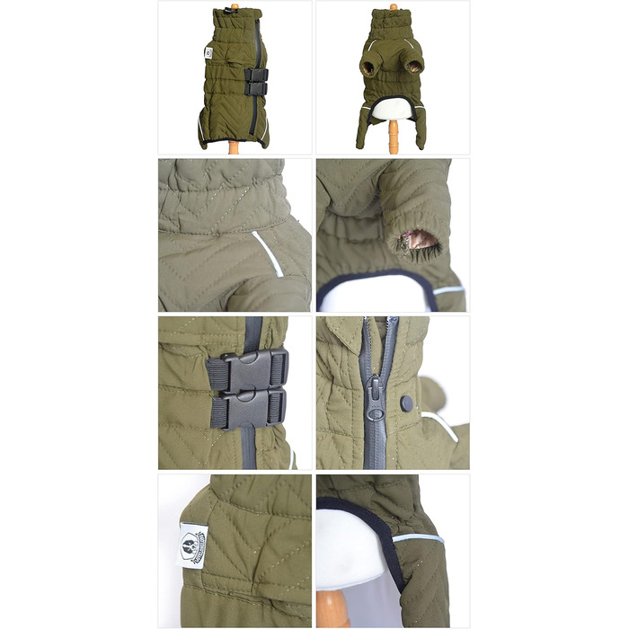 Теплий зимовий одяг для собак: двошарова жилетка, непромокаєма, вітрозахисна, з світловідбиваючими елементами. Підходить для малих, середніх та великих собак. Оливковий колір, розмір 3XL (довжина спини 58 см).