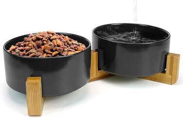 Керамічна миска для собак та котів з бамбуковою підставкою 2 шт. 600 мл (Чорний)