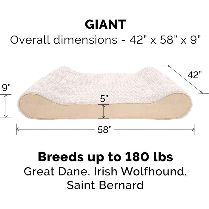 FurHaven Ортопедичне ліжко для собак великих порід знімний, пральний чохол, для собак до 81,6 кг, ультрам'яке штучне хутро та велюр, розкішна лежанка, кремовий колір, розмір 147 x 107 x 23 см