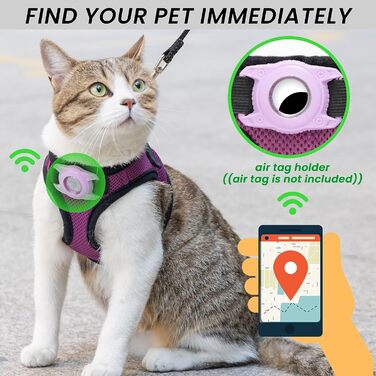 Нашийник для собак з кріпленням для Airtag, для малих собак, цуценят, котів, без натягування, відбиваючий поводок, комплект для прогулянок, тренувань, подорожей, догляду за шерстю, SMALL (обхват грудей: 30-38 см), фіолетовий
