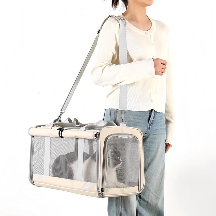 Велика переносна сумка для котів, собак, цуценят до 8 кг, з безпечними замками та регульованим плечовим ременем. Дихаюча, складана сумка-переноска для подорожей, до ветеринара, в авто та літак (Бежевий)