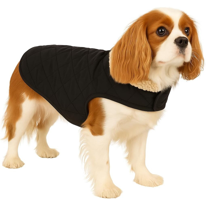 Теплий дощовик для собак Flamingo Bonnie чорного кольору, розмір 40-48 см, преміум-якість, водонепроникний, можна прати при 30°C, з клямками, плюшевий підкладка