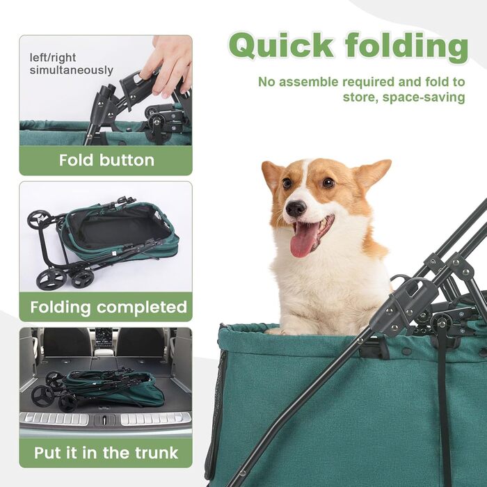 Дитячий візок для собак з 4 колесами, складний, для подорожей, з регульованою ручкою, подвійна місткість, візок-джаггер з передніми дверцятами (Блакитно-зелений, Темно-зелений)