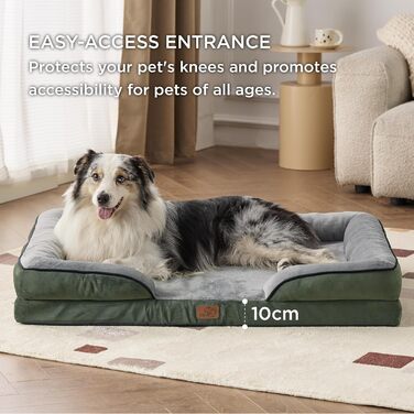 Ортопедичне ліжко для собак BEDSURE - 106x80 см. Зручне ліжко-софа для великих собак з м'яким пінопластом, миється, не слизьке, колір: зелений, розмір: 106 x 80 x 17 см