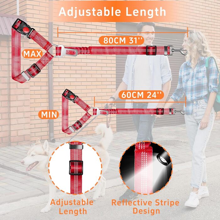Набір безпечних ременів для собак Seyezo: 2 шт. (рожевий/червоний), регульовані, відбивачі, для кріплення до автокрісла