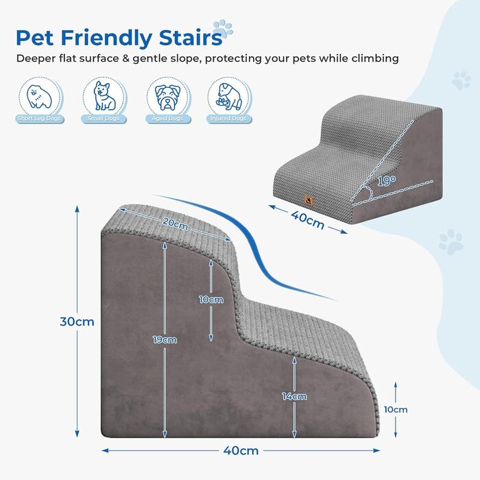 Сходинки для собак маленьких порід, 3 сходинки, 40 см, для дому, миються, неслизькі, для котів та собак, сірі