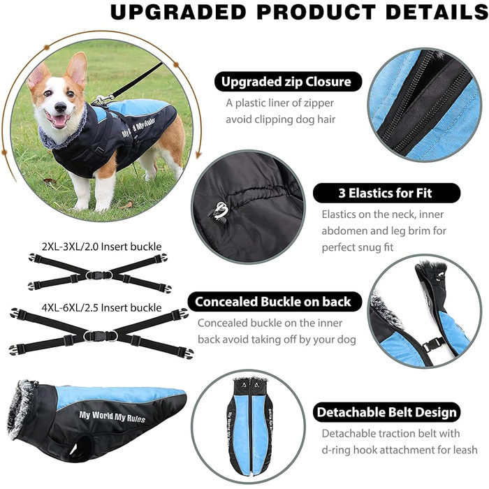 Водонепроникний зимовий одяг для собак PETCUTE, тепла куртка для маленьких та середніх собак, з регулюванням, світловідбиваюча, блакитна (2XL)