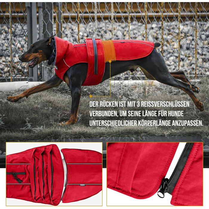 OneTigris STORMWALL Водонепроникний дощовик для собак з регульованою довжиною спини, флісовою підкладкою, світловідбиваючими елементами та коміром з хутра для прогулянок на природі, середніх та великих собак, L (XL:39-64кг, червоний)