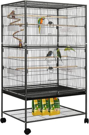 Клітка для птахів велика, металева, на 4 колесах, для хвилястих попугаїв з годівницею, іграшками, гойдалкою, 2 дверцятами, 4 дерев'яними перекладинами, 132 x 78 x 52 см