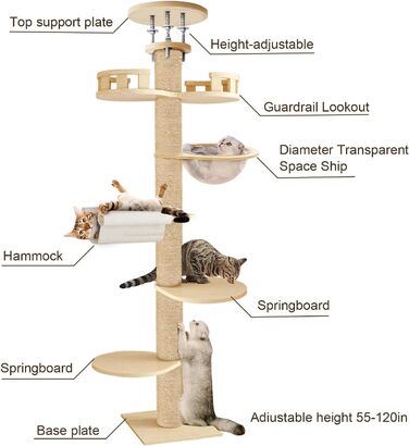 Високий кігтетопор для котів Kratzbaum 3 метри: багатоярусний, з оглядовим майданчиком та гніздом, регульована висота