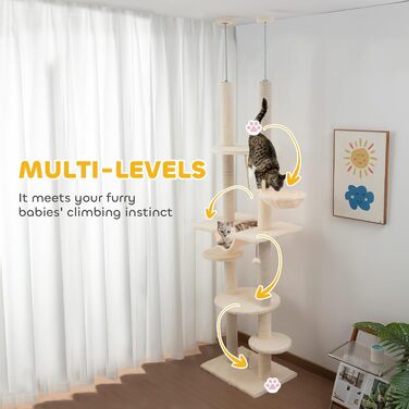PawHut Дряпка для котів 225-255 см, 7 рівнів, з гамаком, платформами, іграшковим м’ячем, бежево-сіра