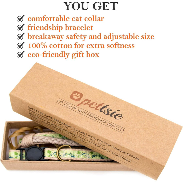 Набір нашийників для котів Pettsie та браслети дружби, безпечний дизайн з м'якої бавовни, D-подібне кільце для аксесуарів, регульований розмір 19-29 см, зелений