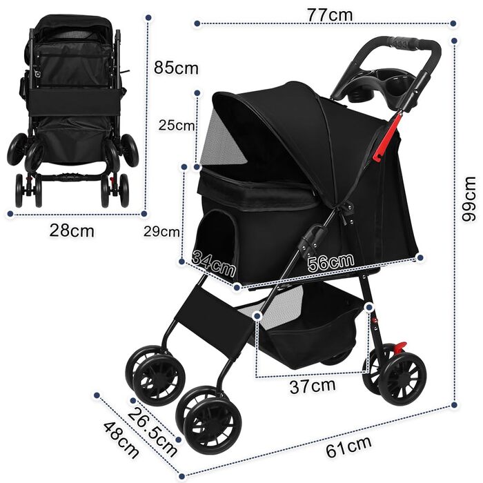 Дитяча коляска для собак та котів Homewell, складана, до 20 кг, з ременями, вантажний відсік та тримач для напоїв (Чорний)