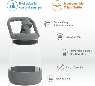 Asobu Barkley - Поїлка з мискою для собак, 1 л, Tritan, сіра | Для піших прогулянок, спорту та фітнесу