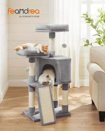 Дерево для котів FEANDREA Kratzbaum, 115 см, сірий, з платформою та когтеточкою, з м'якого плюшу, повністю обмотане сизалем, PCT141W01