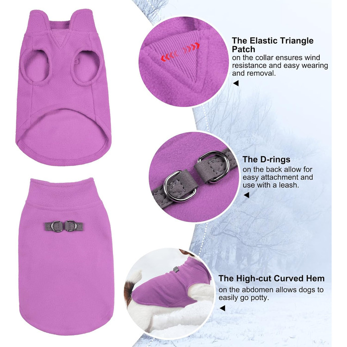 Пуловер для собак BEAUTYZOO з флісу, теплий зимовий пуловер для малих та середніх собак, куртка з D-кільцем, фіолетовий, розмір L (обхват грудей 48.2 см)