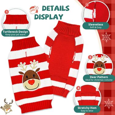 Пуловер для собак на Новий рік, теплий, м'який, осінньо-зимовий, з високим коміром, в'язаний, одяг для цуценят, милий олень, червоний, светри для собак, святковий, з короткими рукавами, (XXS (1-3 lbs), червоний/білий)