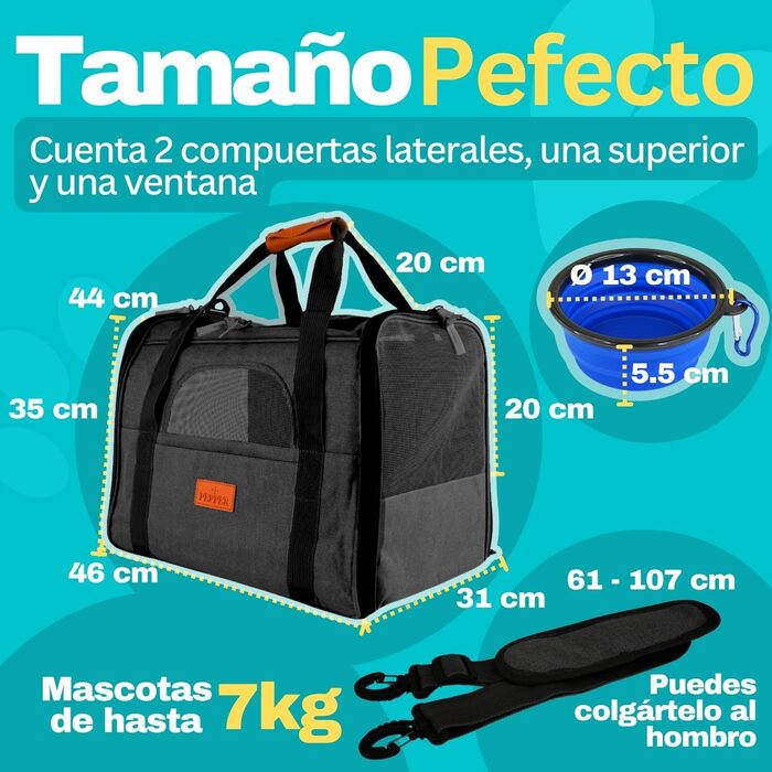 Транспортна переноска для собак та котів PEPPER, 46x35x31 см, з поїльником, подушкою та мискою для води | Переноска для тварин з вентиляцією 360° | Чорна переноска для кота та собаки