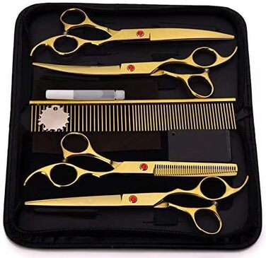 Професійні ножиці для собак 7 дюймів, набір 4 шт. (прямі, вигнуті, розріджувачі), чорний/золотий