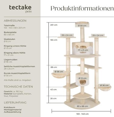 tectake® Велика когтеточка для котів, ігровий комплекс з аксесуарами та іграшками, XXL котячий будинок з 2 котячими домиками, ігрова вежа з сизалевими стовпами, бежево-білий