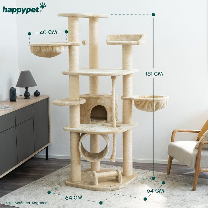 Велика кремова когтеточка для котів HAPPYPET 181 см – стійке дерево з товстими стовпами 11 см, будиночком, ігровим тунелем, великими лежанками та канатом