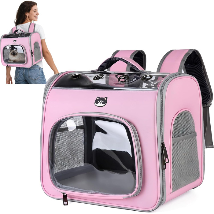 Рюкзак для котів та маленьких собак ALLSOPETS, дихаючий, з фронтальною відкриваністю та страхувальною лінією, для подорожей, прогулянок та хайкінгу (М'ятно-зелений, Квітково-рожевий)