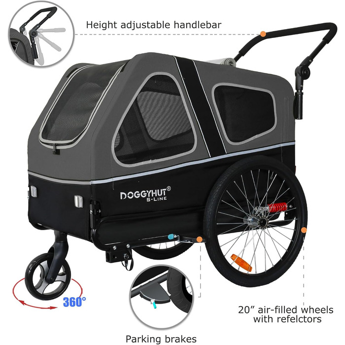 Doggyhut S-Line XL Візок-причіп для собак з амортизацією 2-в-1, велосипедний причіп та біговий візок для собак до 45 кг