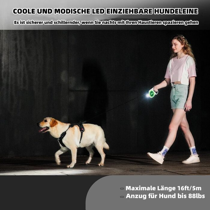 Розтягувана собача поводок з LED-підсвіткою, гальмом та системою швидкого розблокування, 5м, нейлон, до 40кг