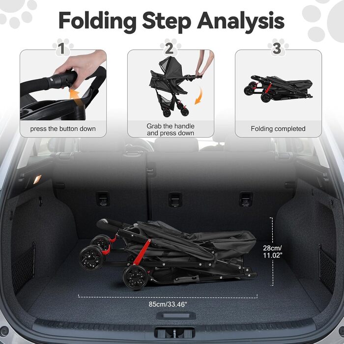 Складаний візок для тварин та дітей з колесами на 360°, кошиком для зберігання, міцним металевим каркасом та дихаючими сітковими віконцями – портативний переносник для котів та собак до 22 кг, чорний