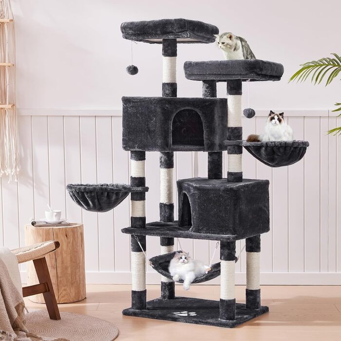Котячий будиночок MSmask з великою печерою та стовпцями з сизалю, когтеточка для великих котів, сірий