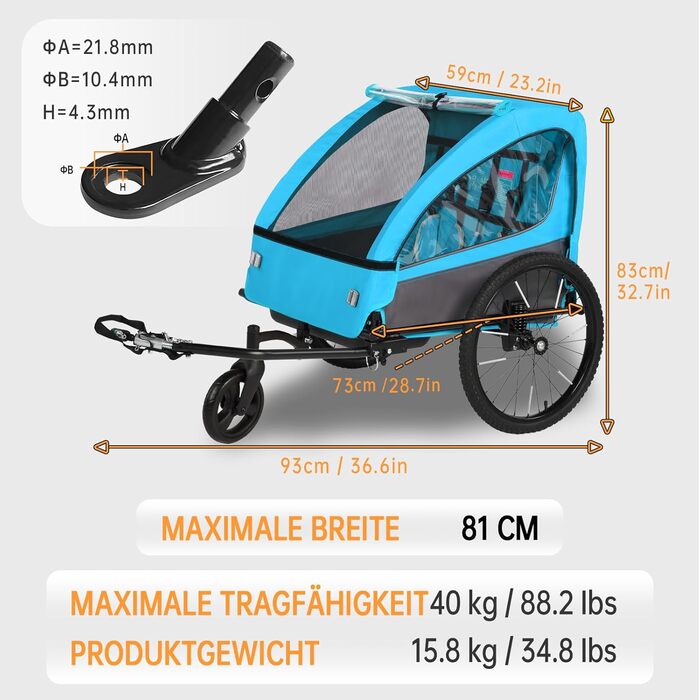 Дитячий велопричіп 2в1 Kinderkraft з функцією візка та бігуна, амортизація, регульована ручка та гальма, для 1-2 дітей до 40 кг (Блакитний)