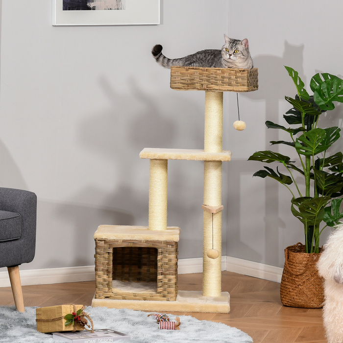 Кігтеточка PawHut Cat з ротанга з котячою печерою, 3 яруси, іграшка-м'яч, сизаль і м'який плюш, 108 см, коричневий і бежевий