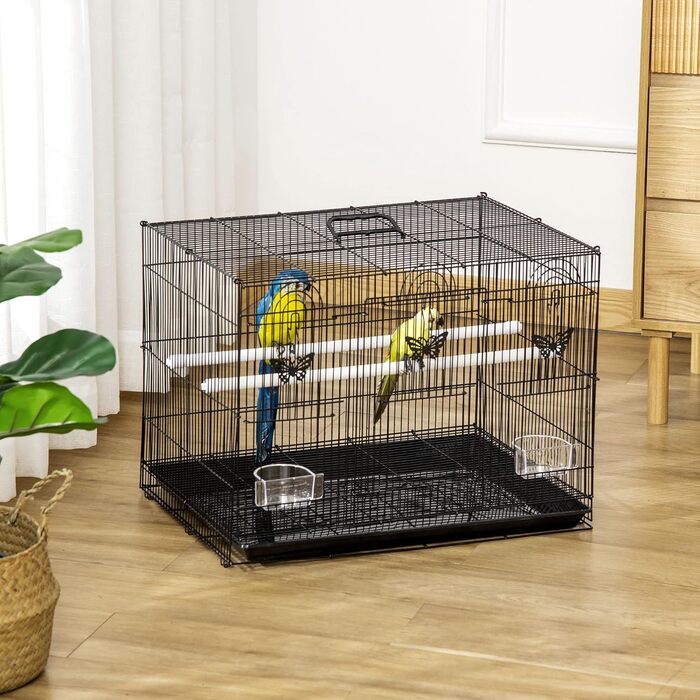 Клітка для птахів PawHut 60x41x41 см, металева, з годівницями, 2 жердинки, 3 дверцята, ручка для перенесення, для маленьких птахів, канарок, папуг, чорна