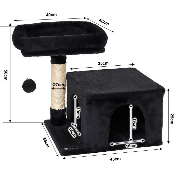 Дряпка для котів Lionto з лежаком та печерею, 50 см, з м'ячиком та дзвіночком, мотузкою з сизалю та плюшем, підходить для котів будь-якого розміру (Чорний)