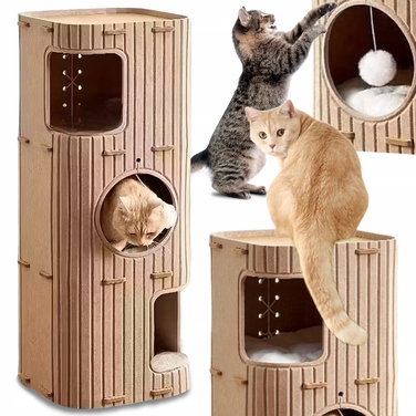 Великий ігровий комплекс для котів з когтеточкою та будиночком, 90x37x37 см, м'яка вежа-будка