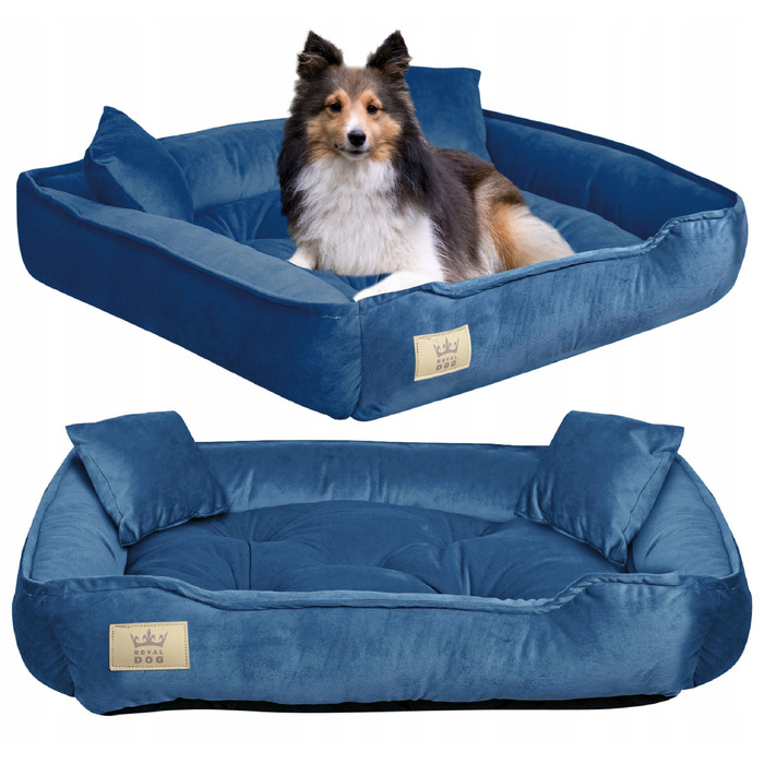 Велюрова лежанка для собак Royal Dog, прямокутна, синя, розмір L