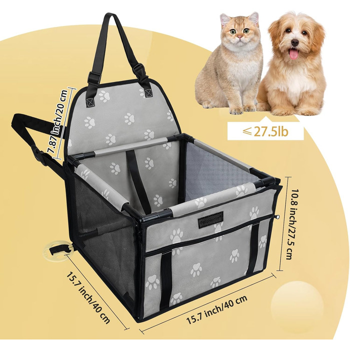 PetsHome автокрісло для собак, складне, водонепроникне, дихаюче, з оксфорду, для малих і середніх собак та цуценят, сірої кольору, з відбитком лапки, оновлена версія