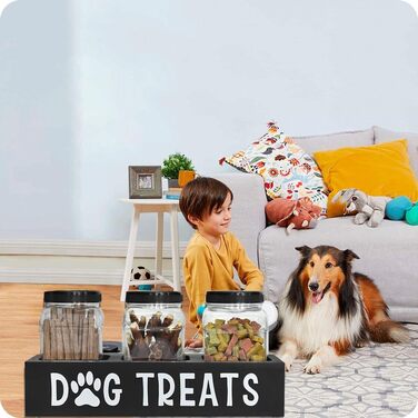 Контейнер для ласощів для собак Niciksty, дерев'яний контейнер для корму з 3 скляними банками, контейнер для корму для собак та котів, чорний