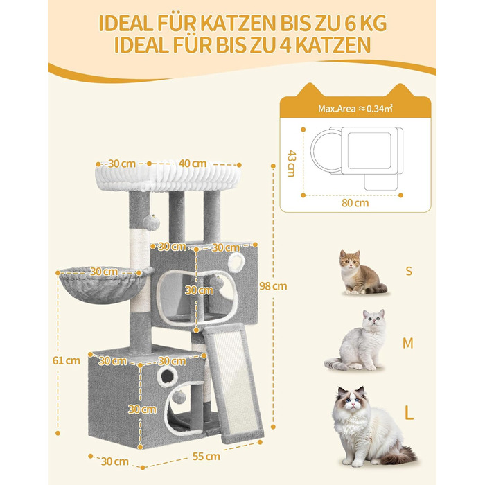 Кігтеточка для котів Hzuaneri, 98 см, з платформою, іграшками та кігтедраперами, сіра