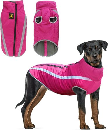 Зимова куртка для собак, тепла водонепроникна куртка для середніх та великих собак, флісова підкладка, світловідбиваючі елементи, для Лабрадора, Бульдога, Самоеда (4XL/53см, Рожева)
