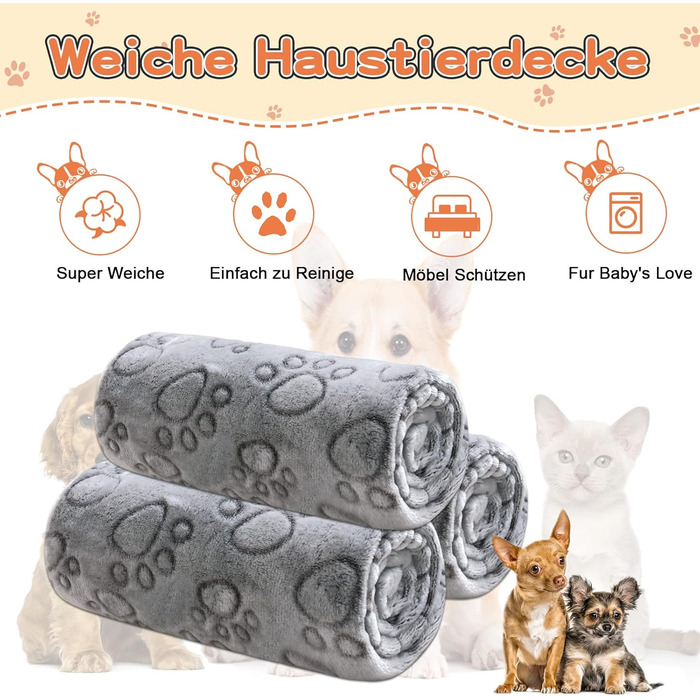 3 шт. М'яка ковдра для собак, 80x60 см та 60x80 см, сіра. Миюча, флісова ковдра для собак та котів, захист дивану, ковдра для подорожей