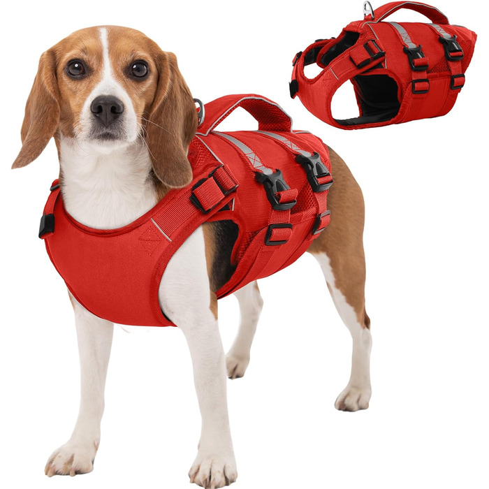 Жилет для собак Kuoser, середній розмір, червоний. Безпечний жилет для плавання з ручкою та світловідбиваючими елементами, регульований. Підходить для собак середніх порід.