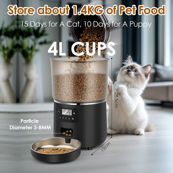 Автоматичний годівник для котів Apritsce 4L з нержавійною чашею та таймером, 1-4 прийоми їжі на день